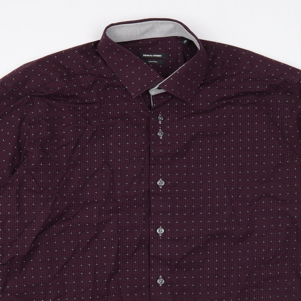Remus Uomo Mens Purple Houndstooth Cotton  Dress Shirt Size 16 Collared Button