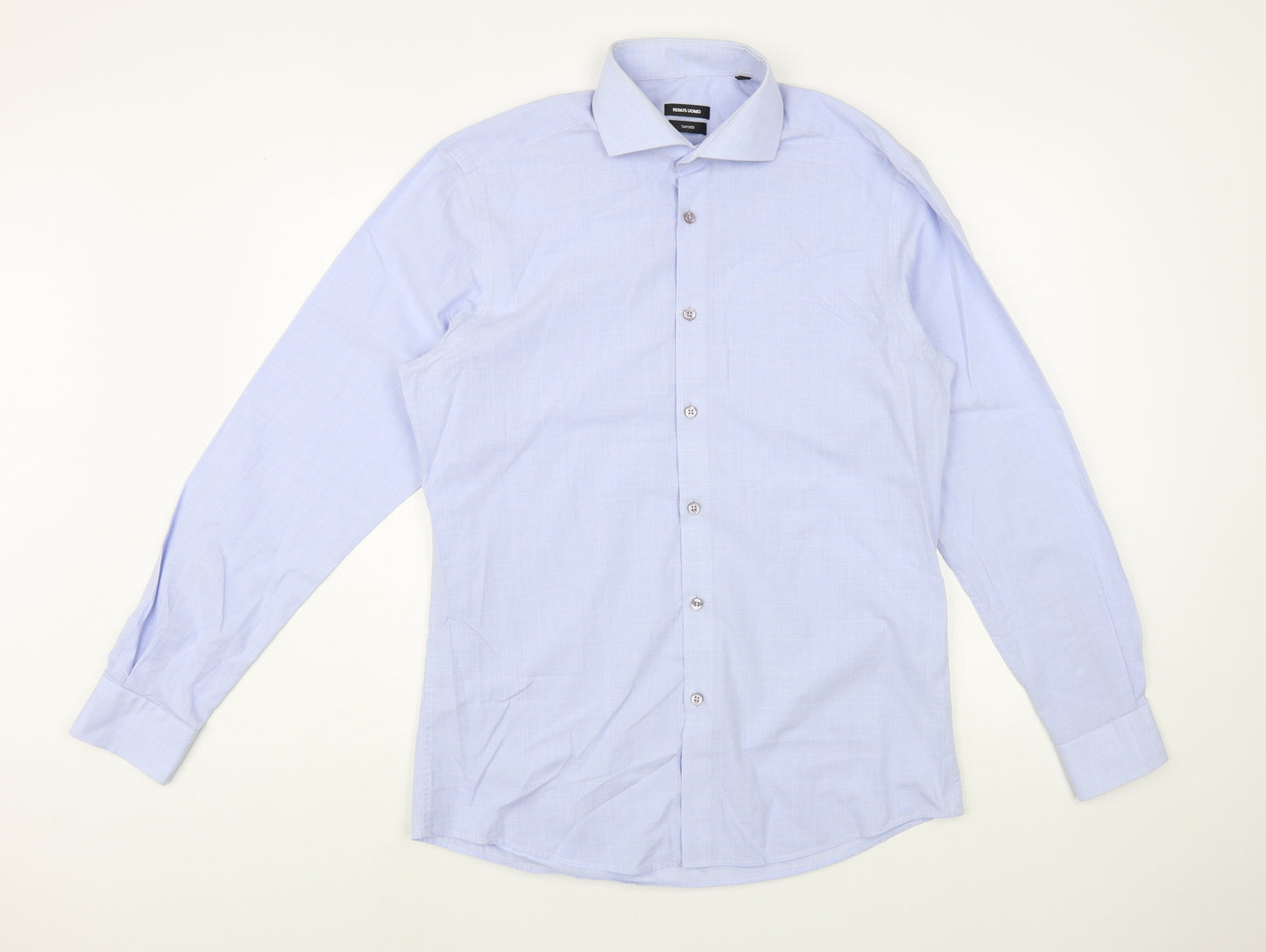 Remus Uomo Mens Blue Plaid Cotton  Dress Shirt Size 16 Collared Button