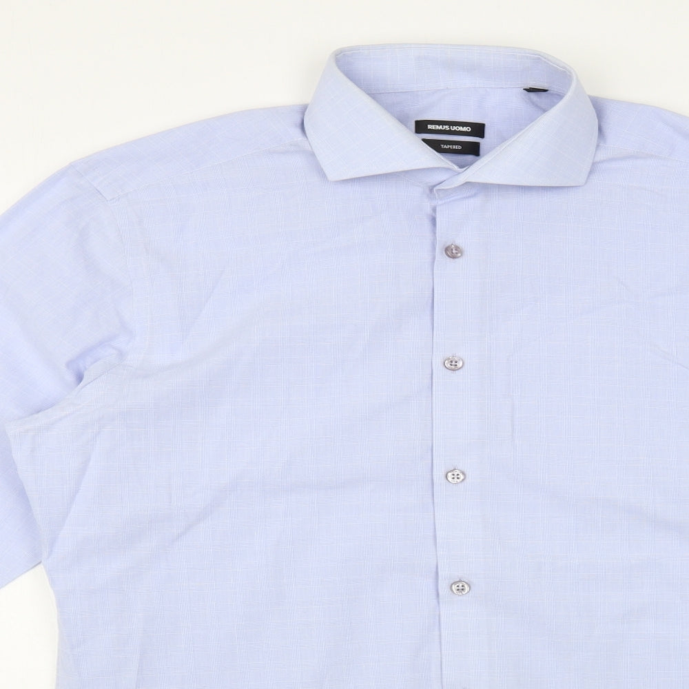 Remus Uomo Mens Blue Plaid Cotton  Dress Shirt Size 16 Collared Button
