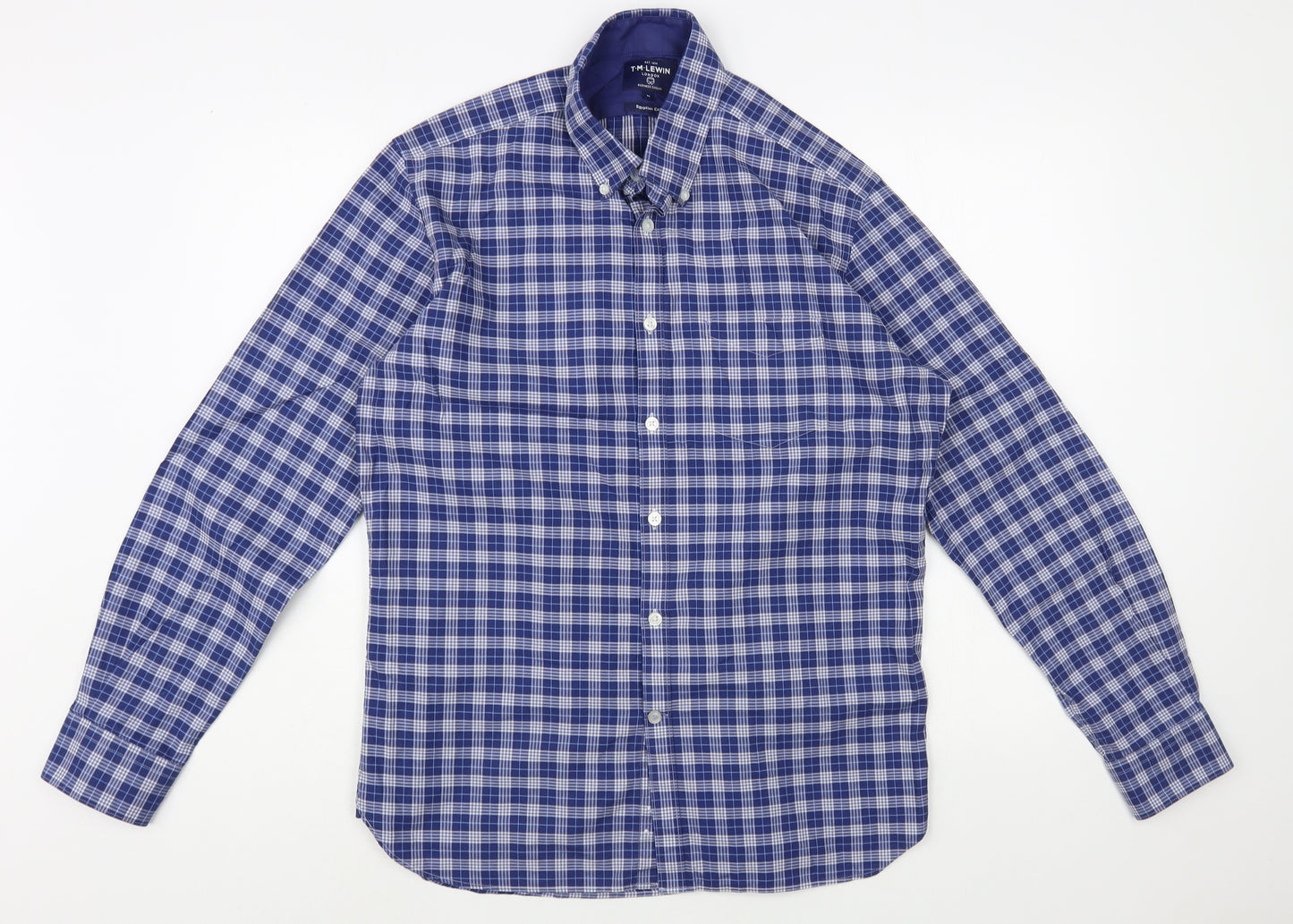 T.M. Lewin  Mens Blue Plaid Cotton  Button-Up Size M Collared Button