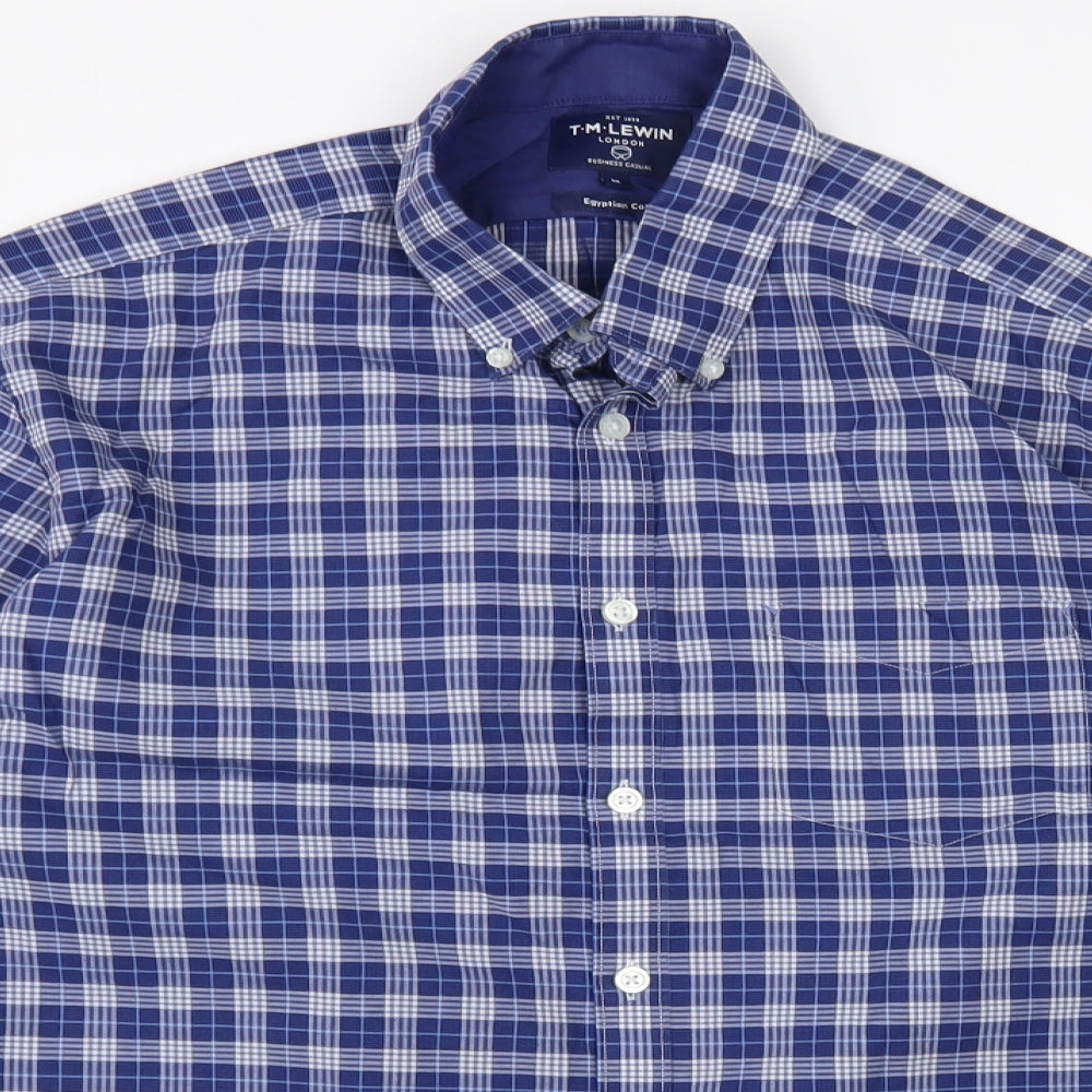 T.M. Lewin  Mens Blue Plaid Cotton  Button-Up Size M Collared Button