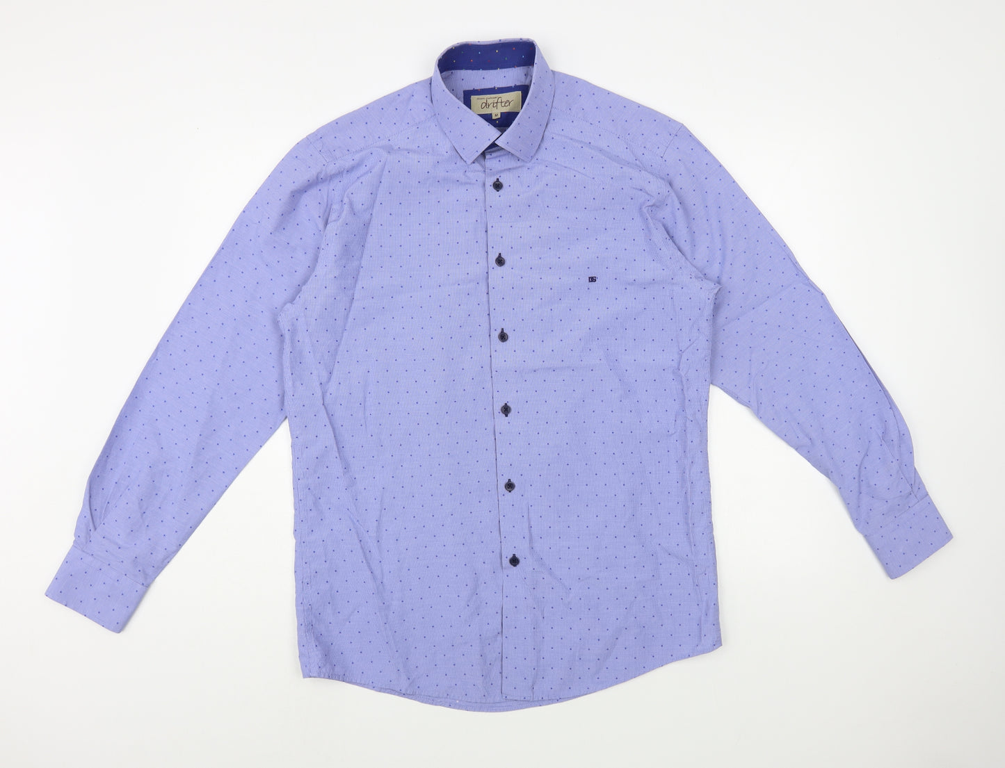 Drifter Mens Blue Polka Dot Cotton  Dress Shirt Size M Collared Button
