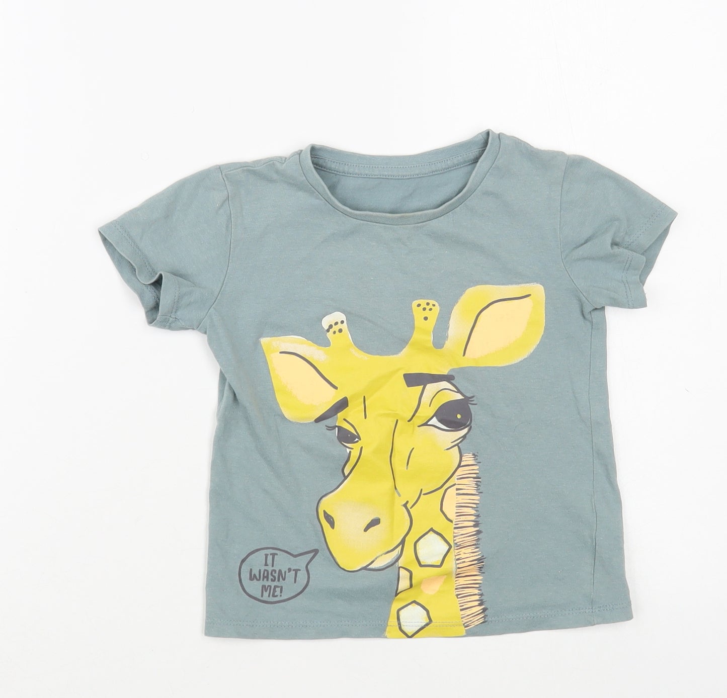 Dunnes Stores Girls Green  Cotton Basic T-Shirt Size 2-3 Years Crew Neck Pullover - Giraffe