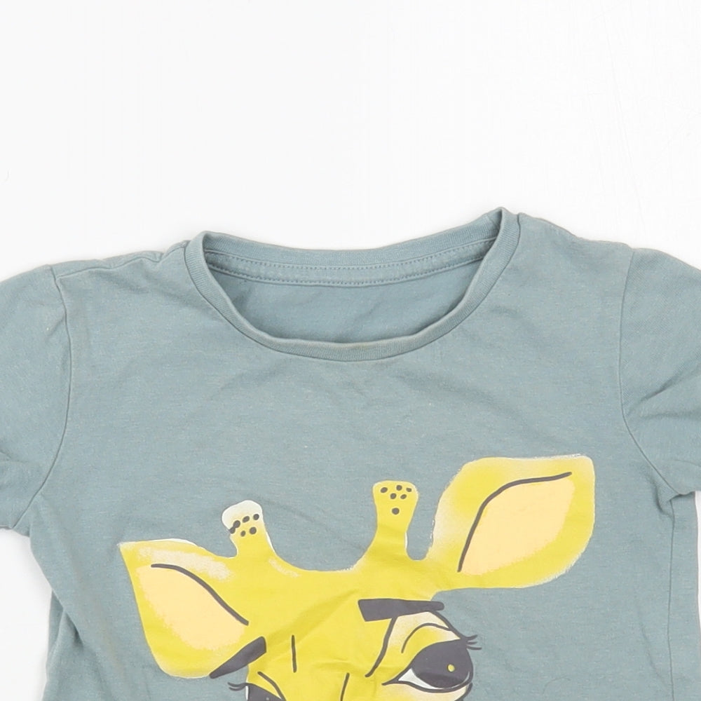 Dunnes Stores Girls Green  Cotton Basic T-Shirt Size 2-3 Years Crew Neck Pullover - Giraffe