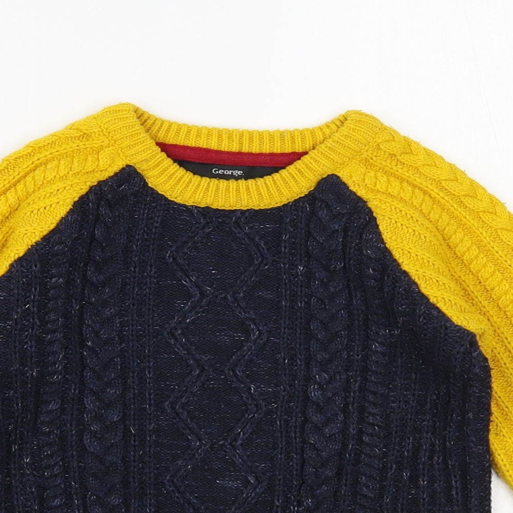 George Boys Blue Crew Neck Colourblock Acrylic Pullover Jumper Size 2-3 Years  Pullover
