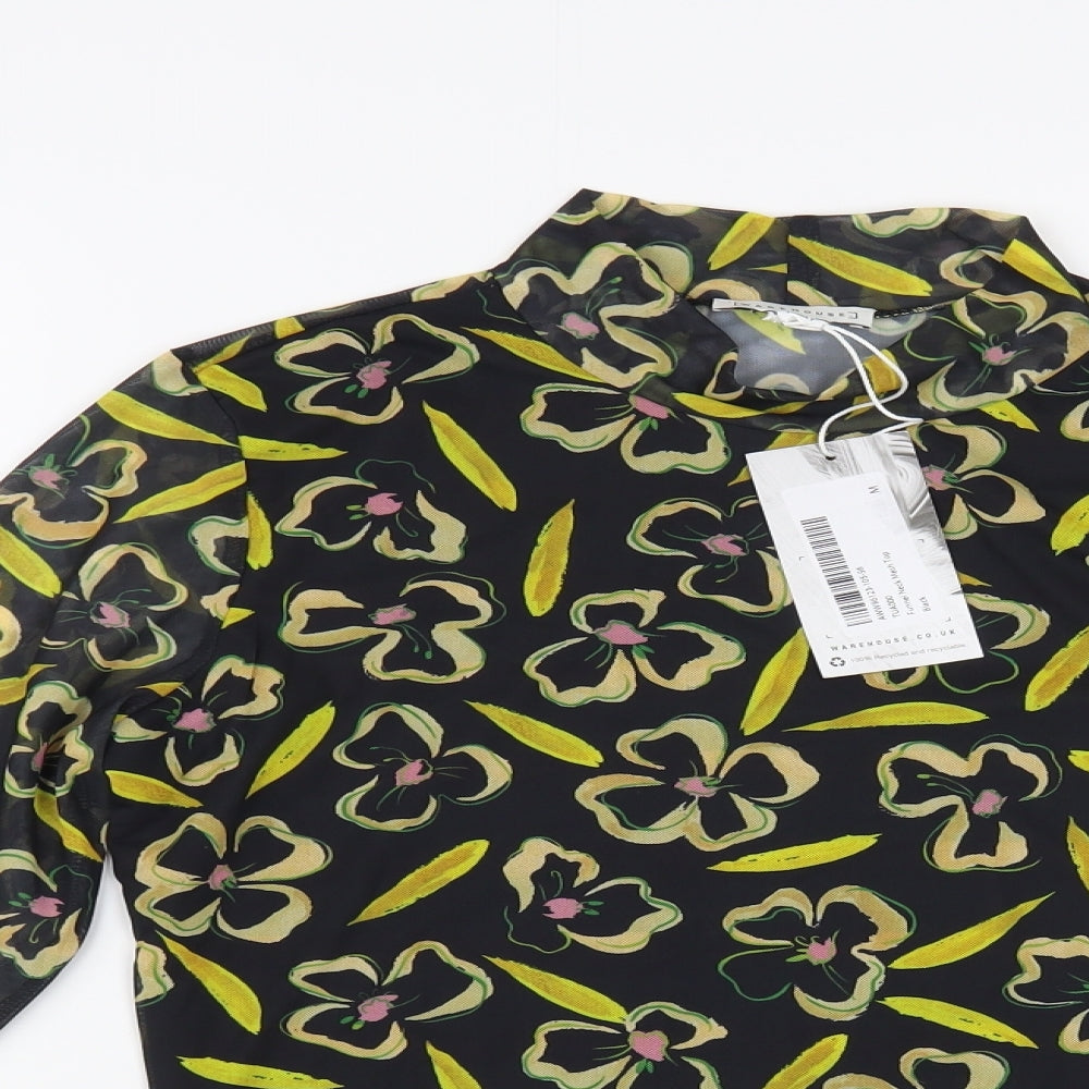 Warehouse Womens Black Floral Polyester Basic Blouse Size M Mock Neck