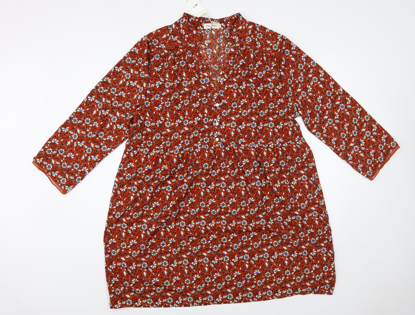 Melya Melody Womens Brown Floral Polyester Shift  Size L  V-Neck Button