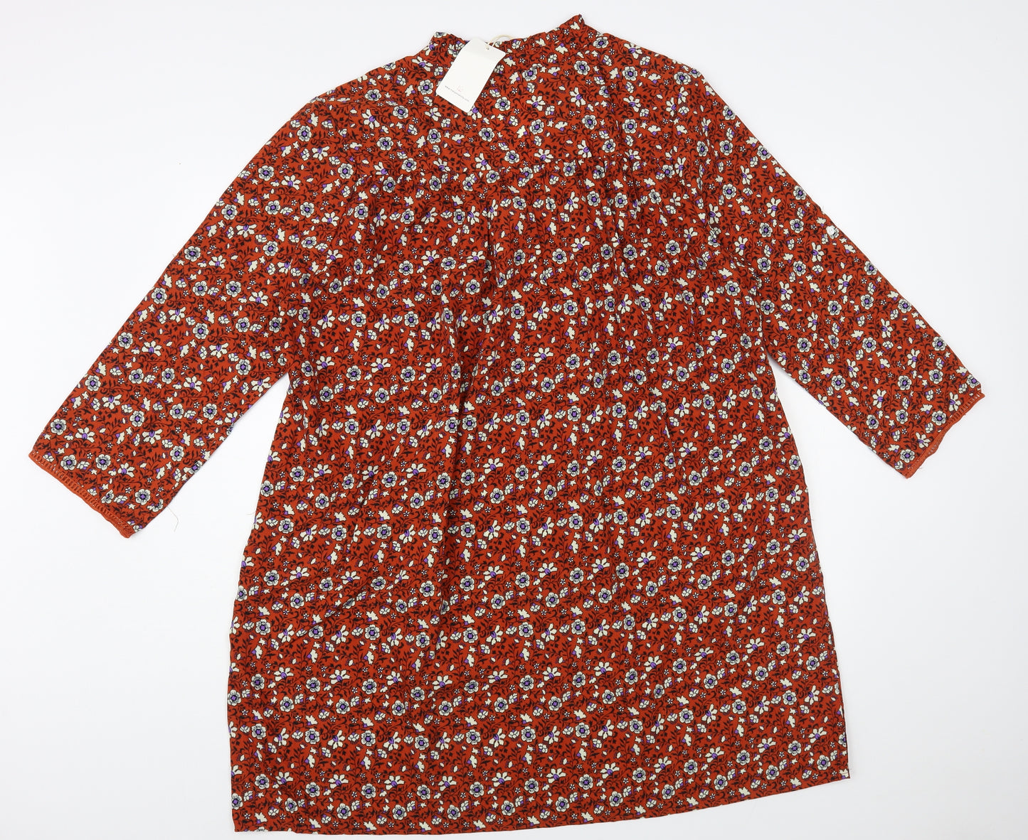 Melya Melody Womens Brown Floral Polyester Shift  Size L  V-Neck Button