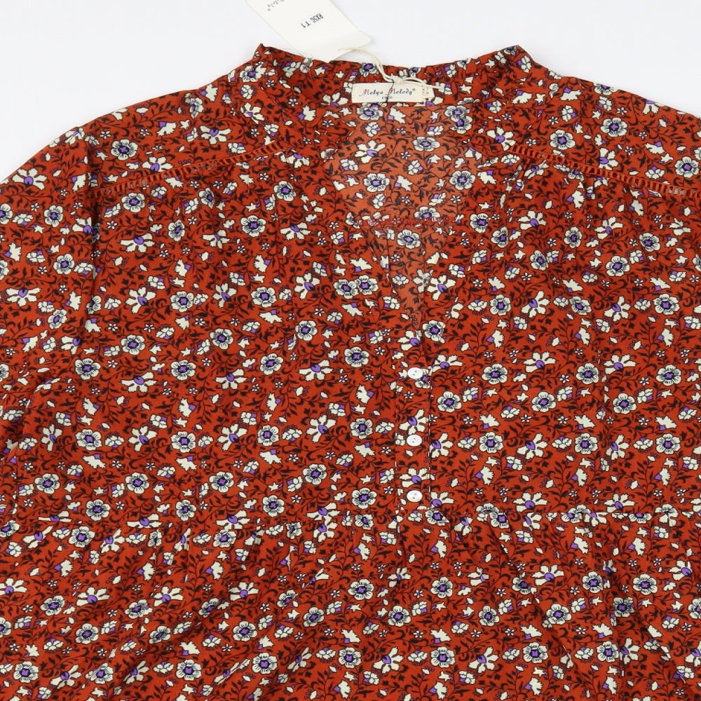 Melya Melody Womens Brown Floral Polyester Shift  Size L  V-Neck Button