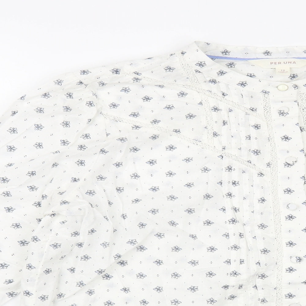 Per Una  Womens White Floral Cotton Basic Button-Up Size 12 Round Neck