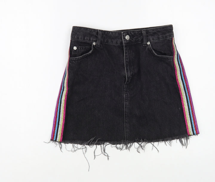 Topshop Womens Black Cotton Mini Skirt Size 8 Button - Side Stripe