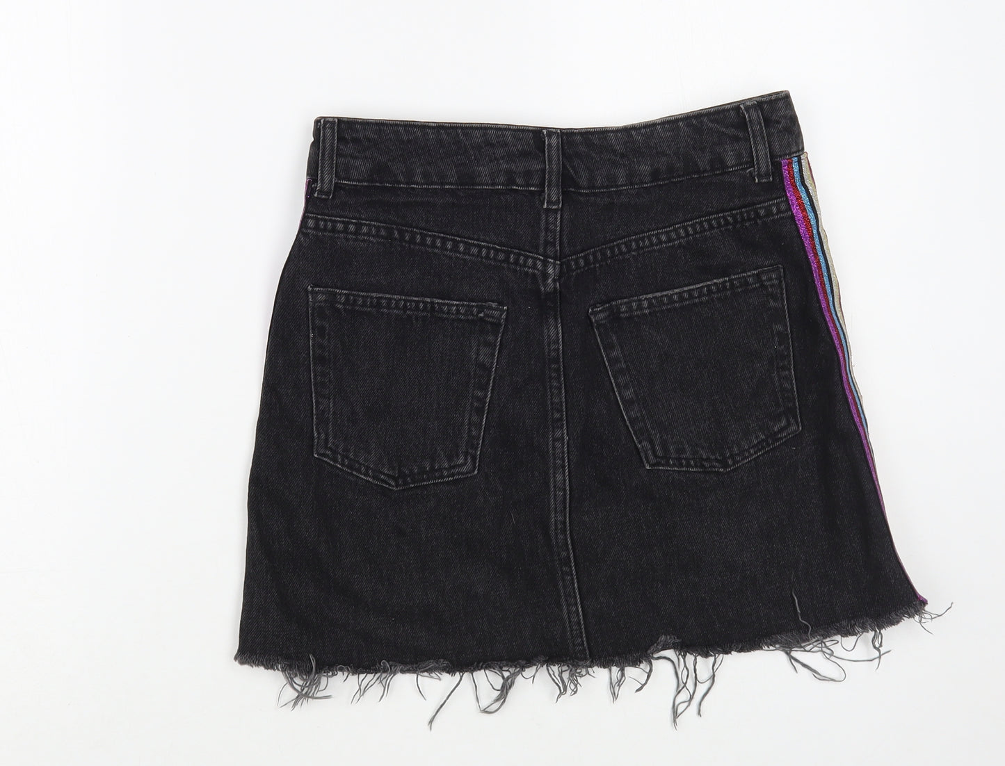 Topshop Womens Black  Cotton Mini Skirt Size 8   Button - Side Stripe