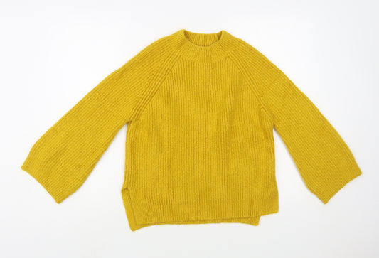 Front view of Primark women’s yellow mock neck acrylic jumper, size UK 10