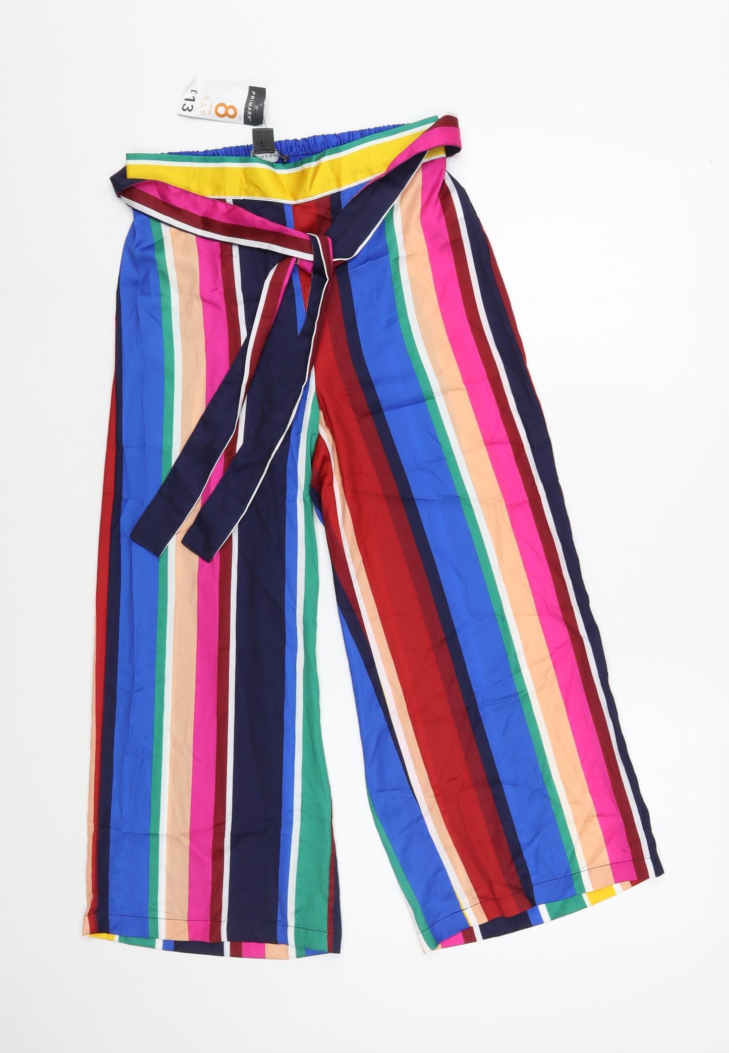 Primark Womens Multicoloured Striped Polyester Cropped Trousers Size 8 L25 in Regular Tie