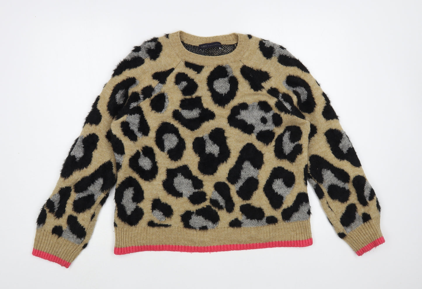 Marks and Spencer Womens Beige Crew Neck Animal Print Polyamide Pullover Jumper Size S