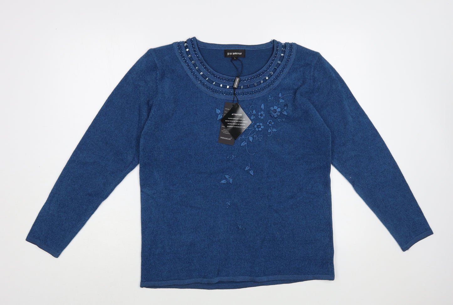 Paramour Womens Blue Round Neck  Acrylic Pullover Jumper Size L   - Embellished Neckline