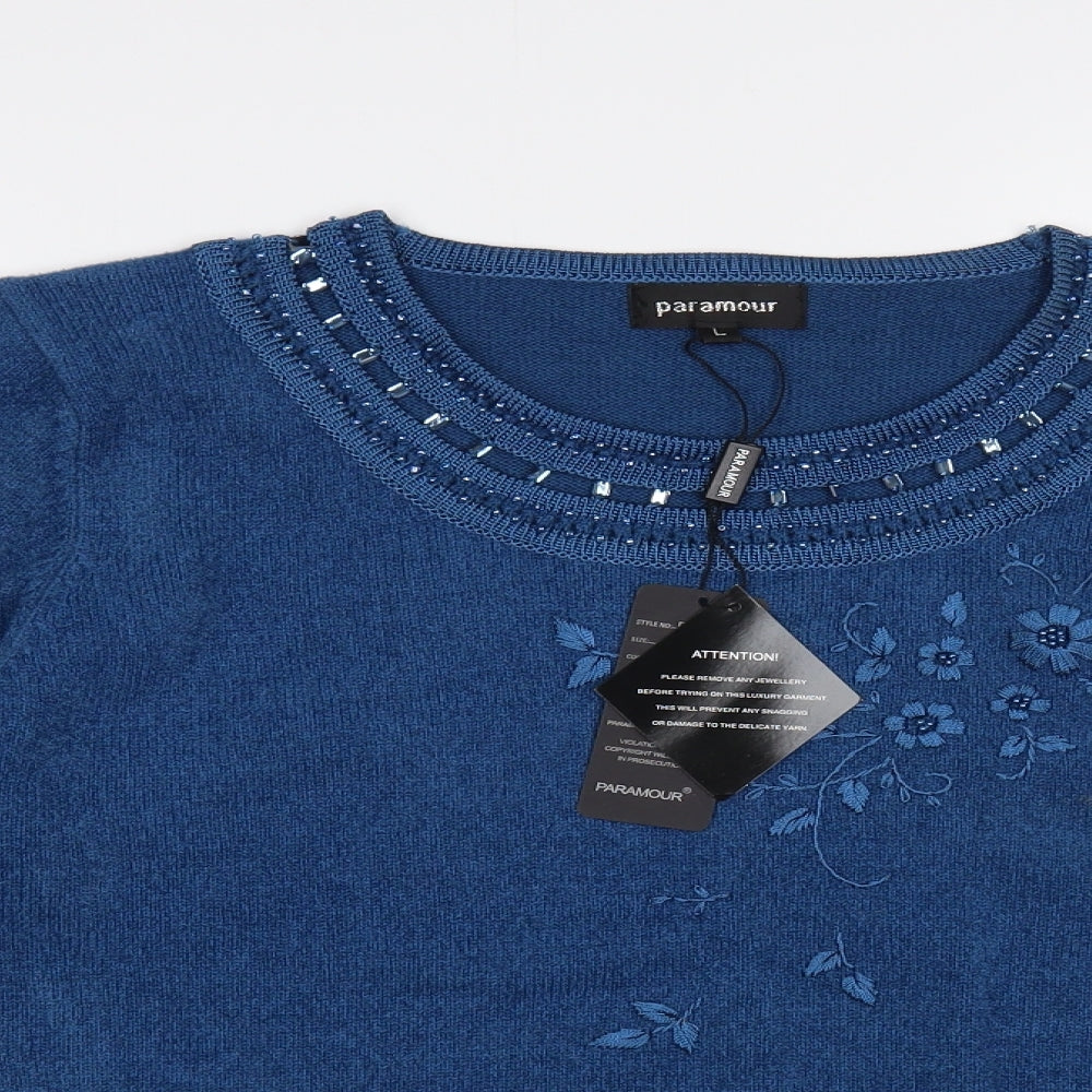 Paramour Womens Blue Round Neck  Acrylic Pullover Jumper Size L   - Embellished Neckline