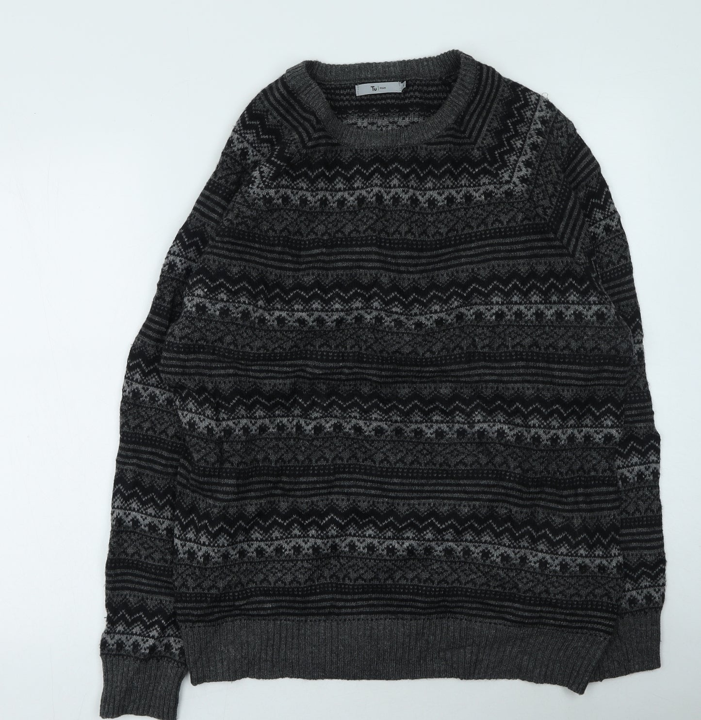 TU Mens Grey Round Neck Geometric Acrylic Pullover Jumper Size L