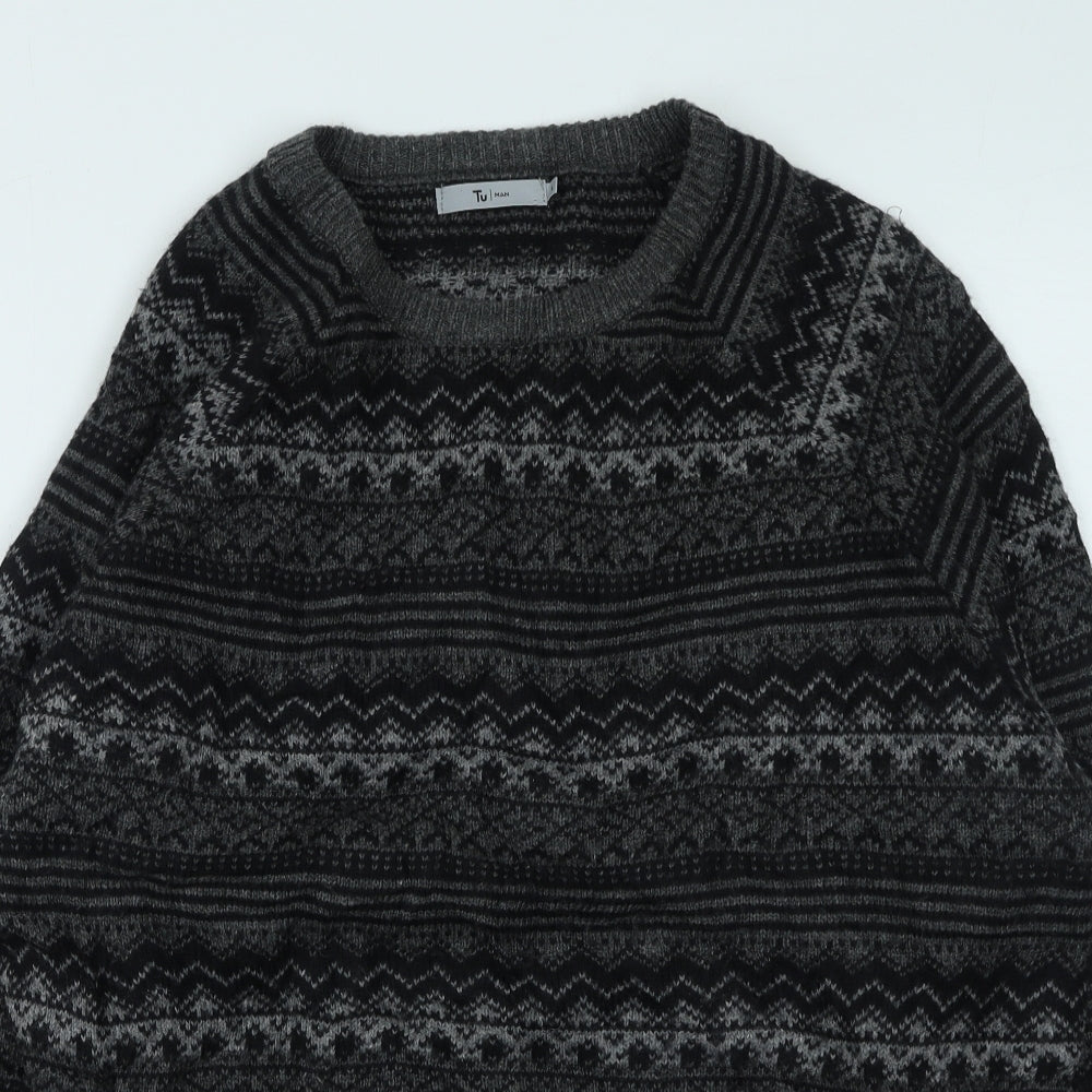 TU Mens Grey Round Neck Geometric Acrylic Pullover Jumper Size L