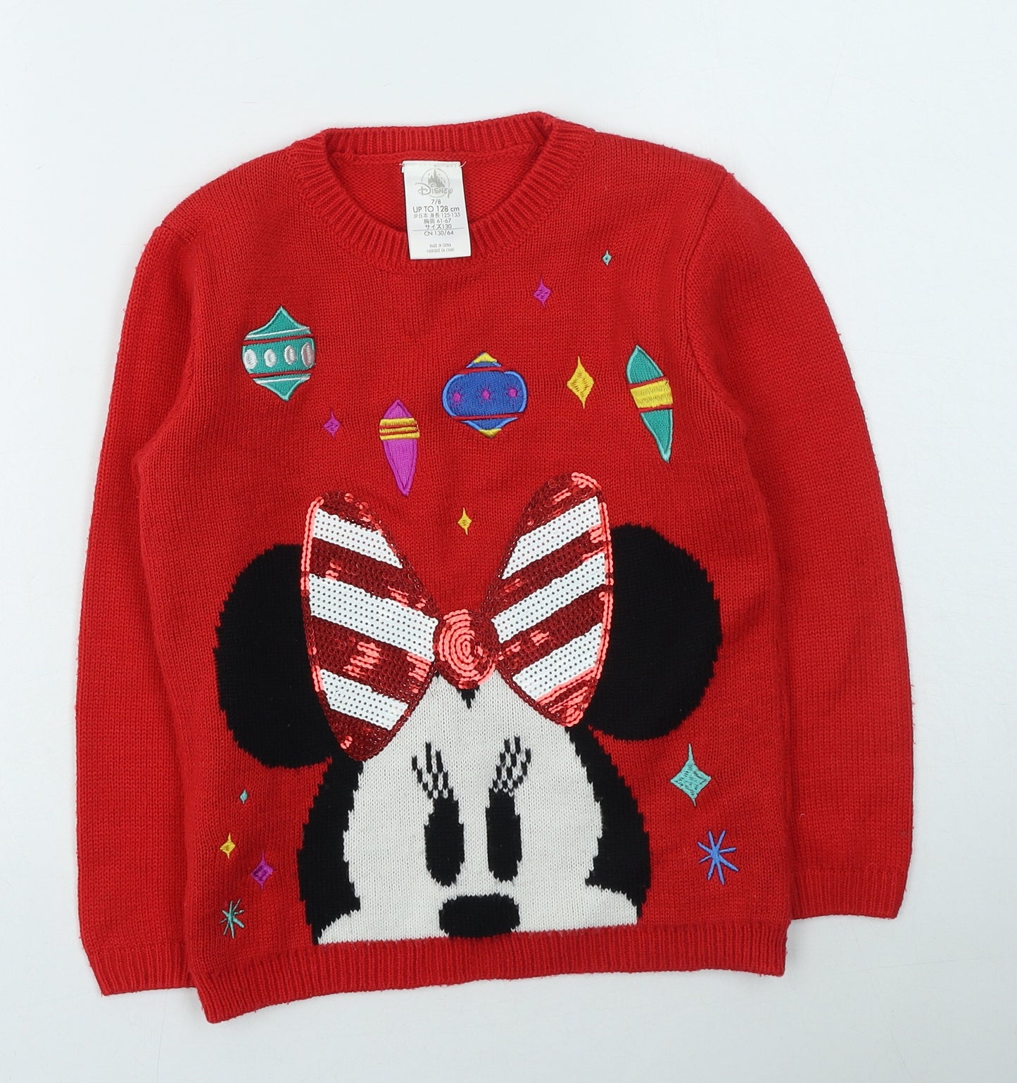 Preworn Girls Red Round Neck  Acrylic Pullover Jumper Size 7-8 Years   - Disney