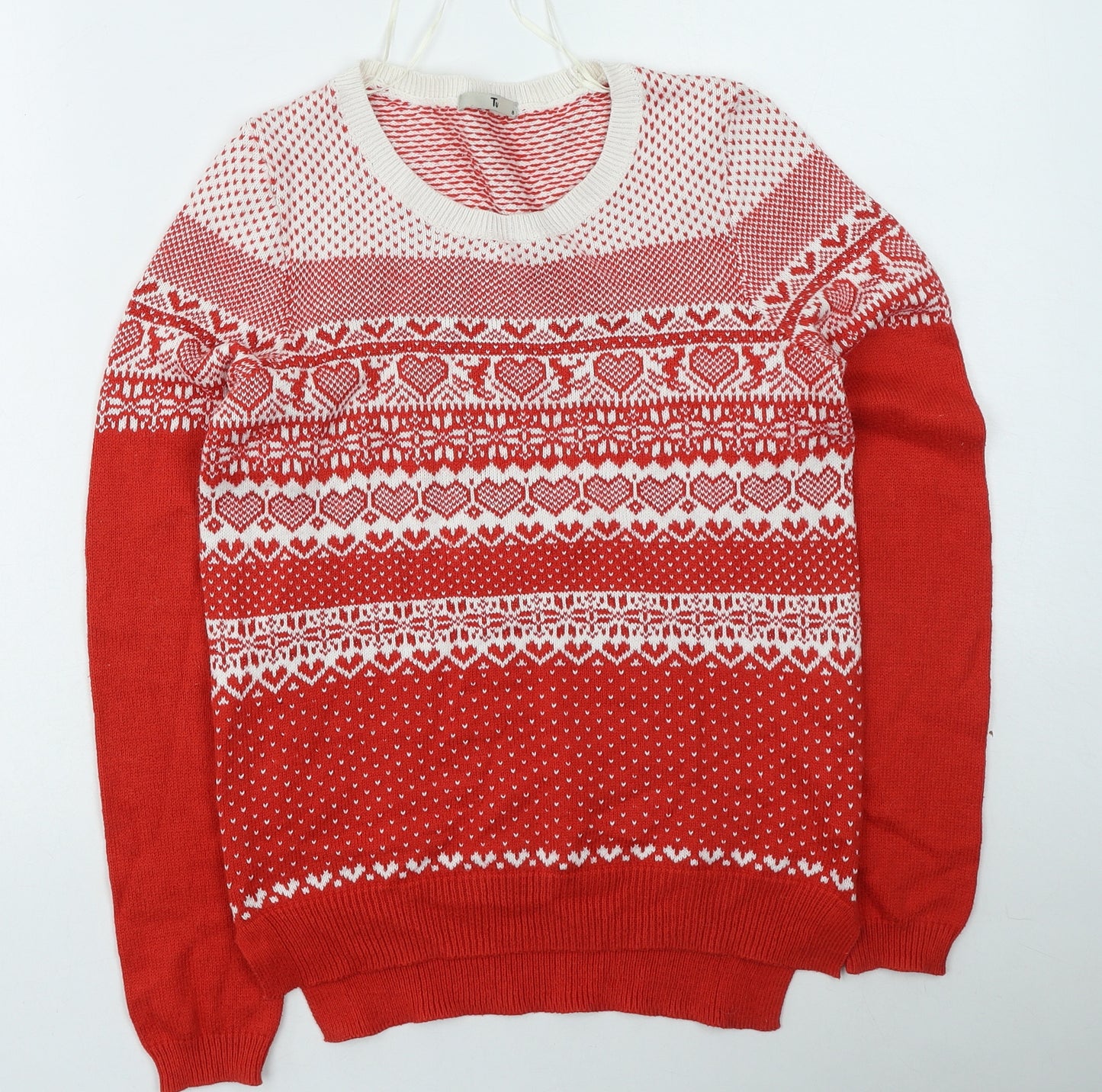 TU Womens Red Round Neck Geometric Cotton Pullover Jumper Size 8