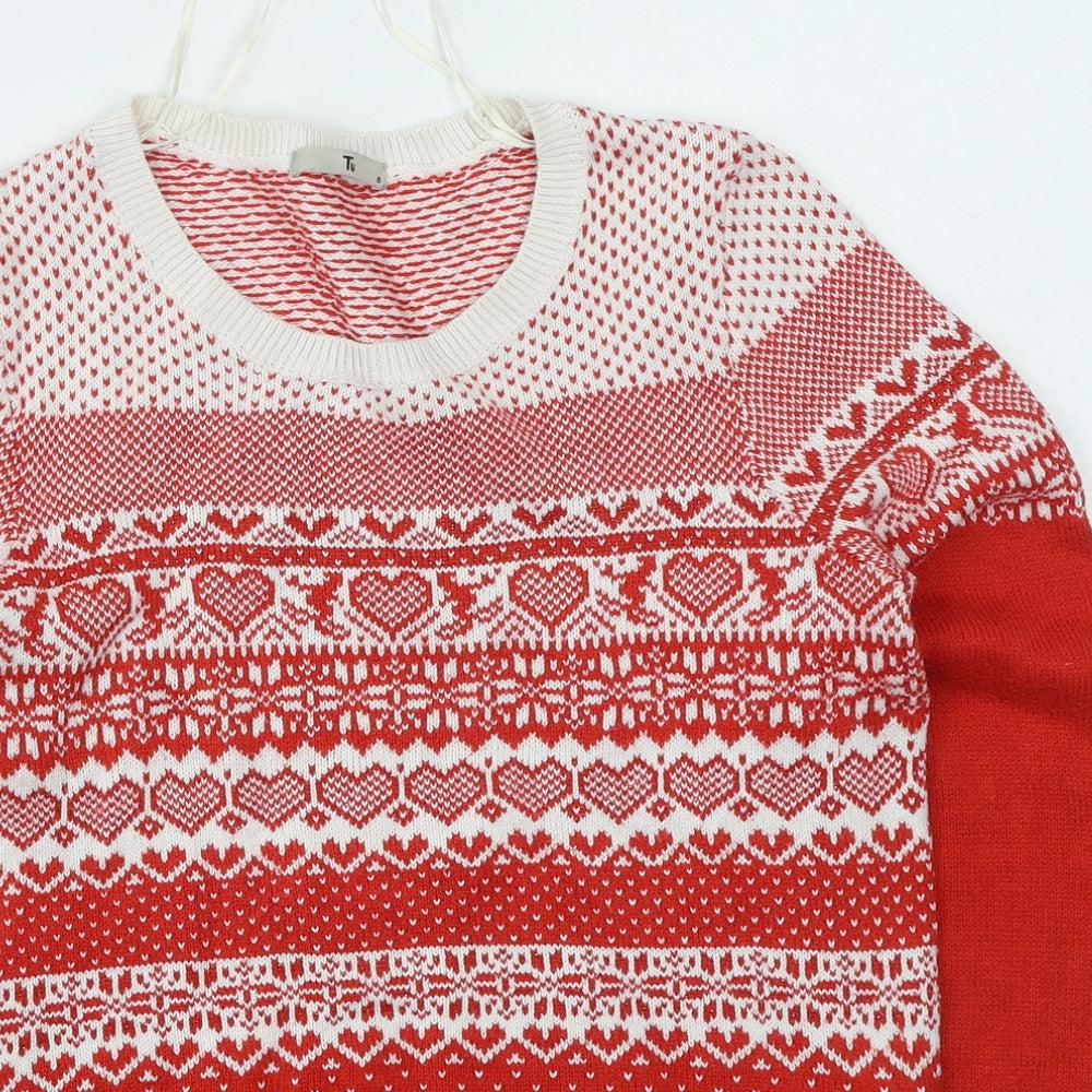 TU Womens Red Round Neck Geometric Cotton Pullover Jumper Size 8