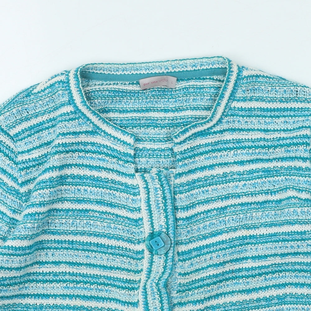 Marks and Spencer Womens Green Round Neck Striped Acrylic Cardigan Jumper Size L
