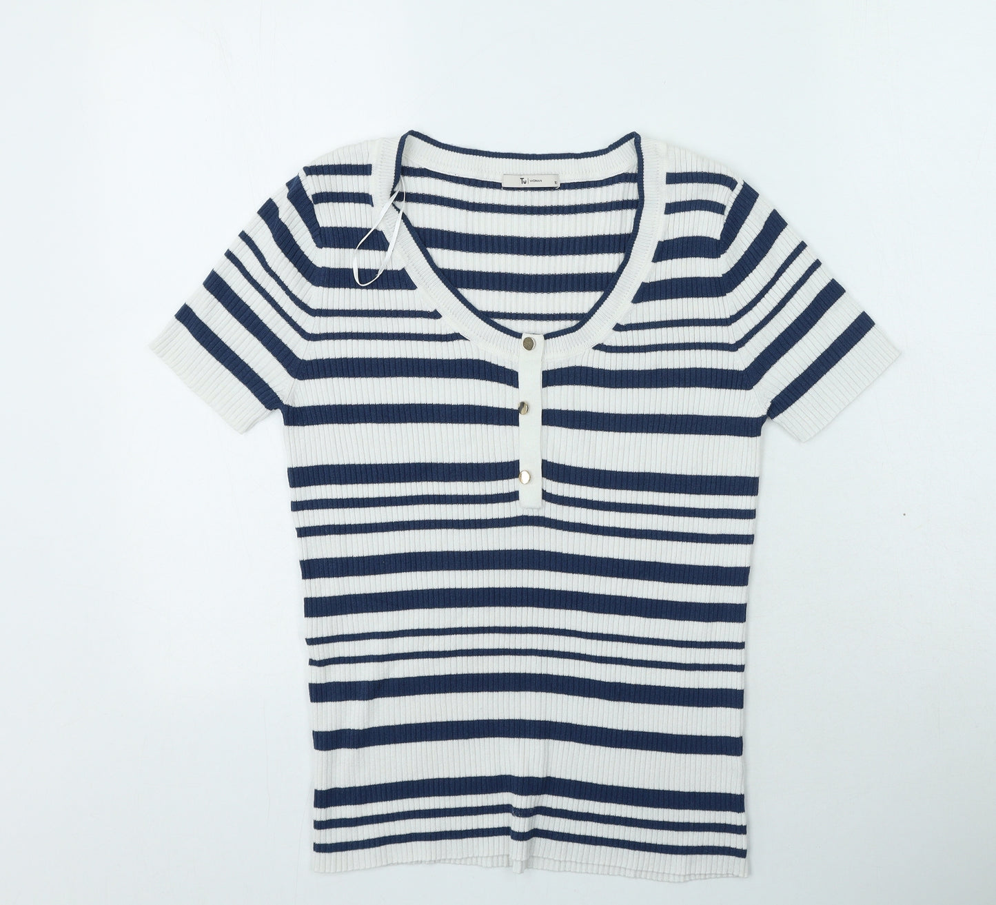 TU Womens Blue Striped Viscose Basic T-Shirt Size 10 V-Neck