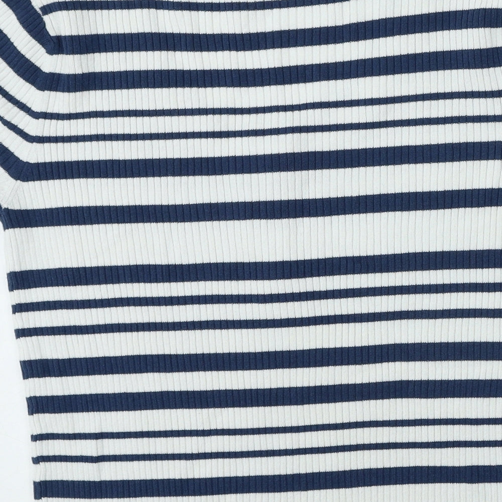 TU Womens Blue Striped Viscose Basic T-Shirt Size 10 V-Neck