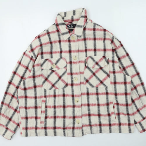Zara Womens Multicoloured Collared Plaid Cotton Cardigan Jumper Size L