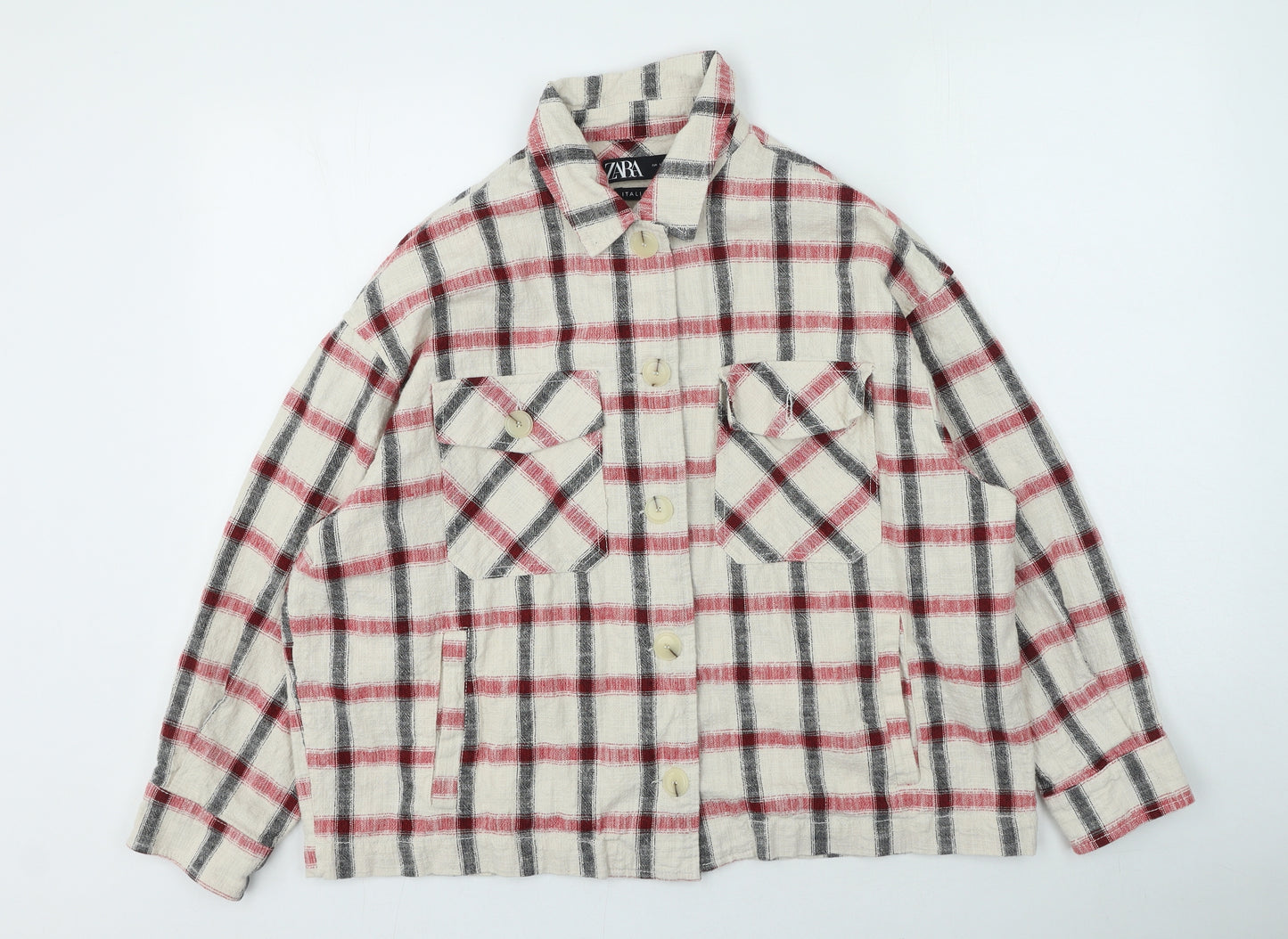 Zara Womens Multicoloured Collared Plaid Cotton Cardigan Jumper Size L