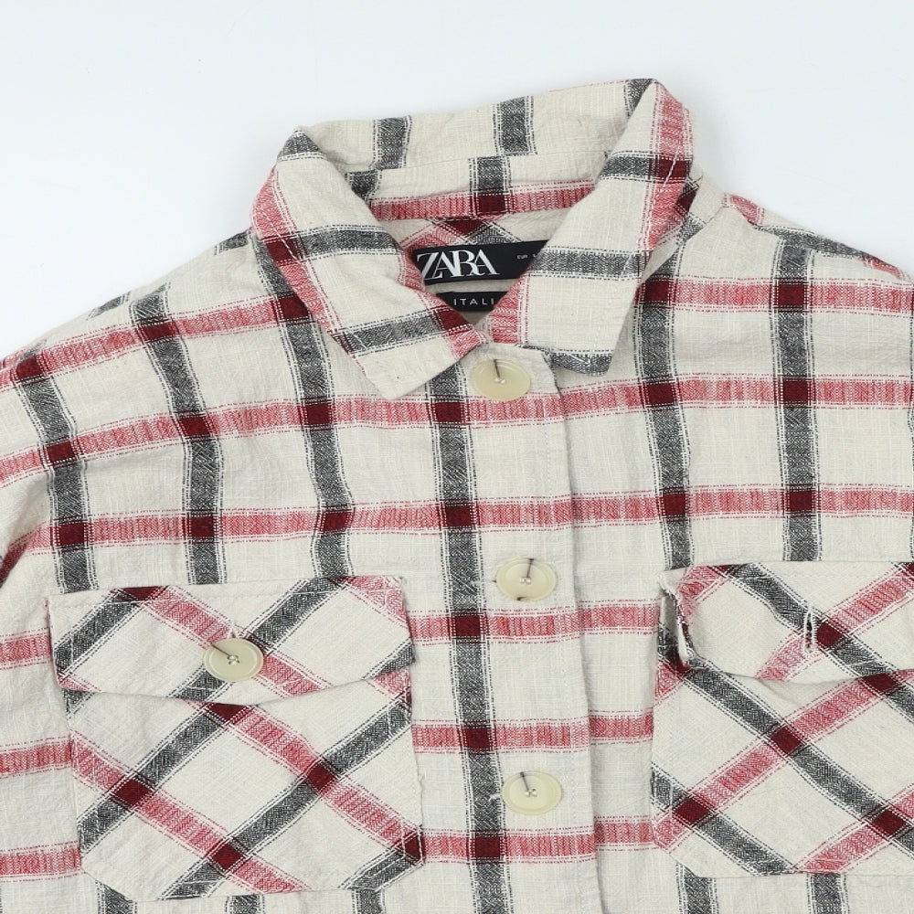 Zara Womens Multicoloured Collared Plaid Cotton Cardigan Jumper Size L