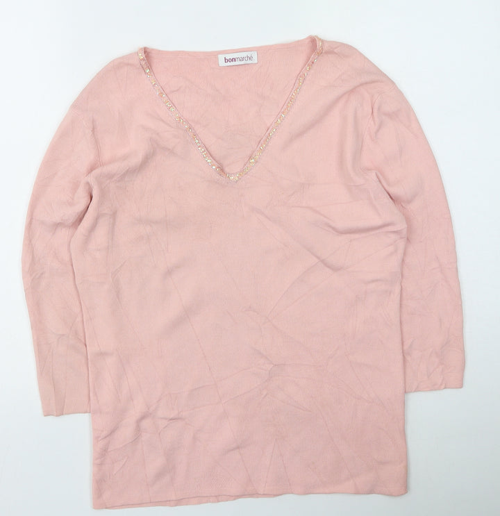 Bonmarché Womens Pink V-Neck Viscose Pullover Jumper Size M