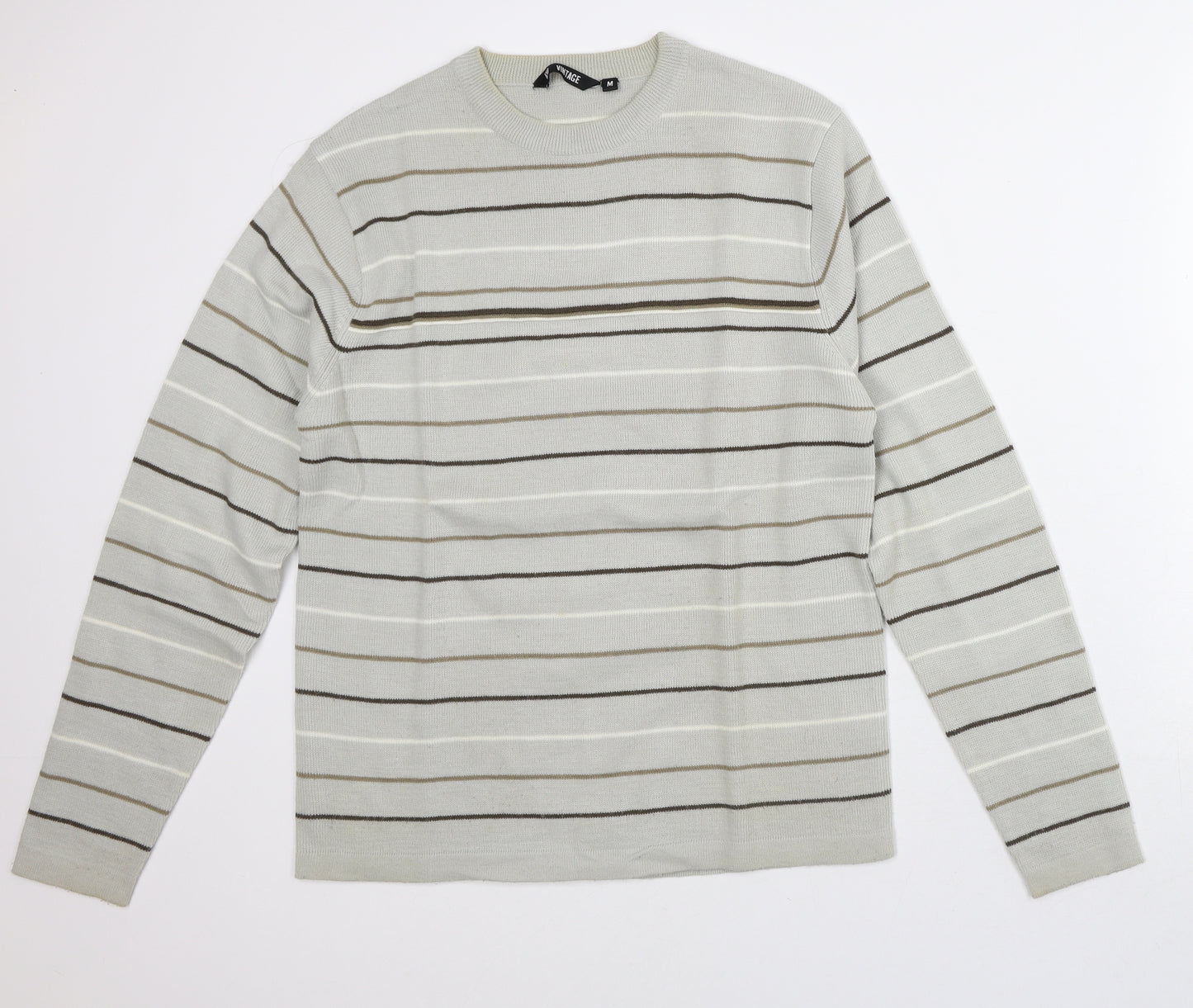 Vintage Mens Grey Crew Neck Striped Acrylic Pullover Jumper Size M