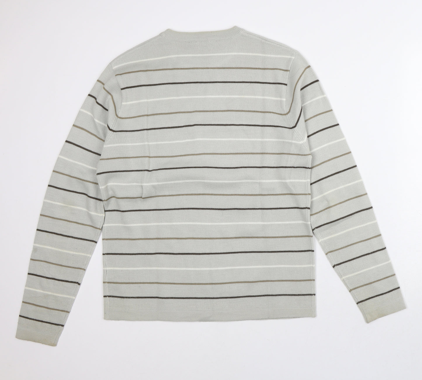 Vintage Mens Grey Crew Neck Striped Acrylic Pullover Jumper Size M