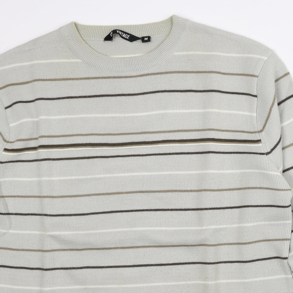 Vintage Mens Grey Crew Neck Striped Acrylic Pullover Jumper Size M