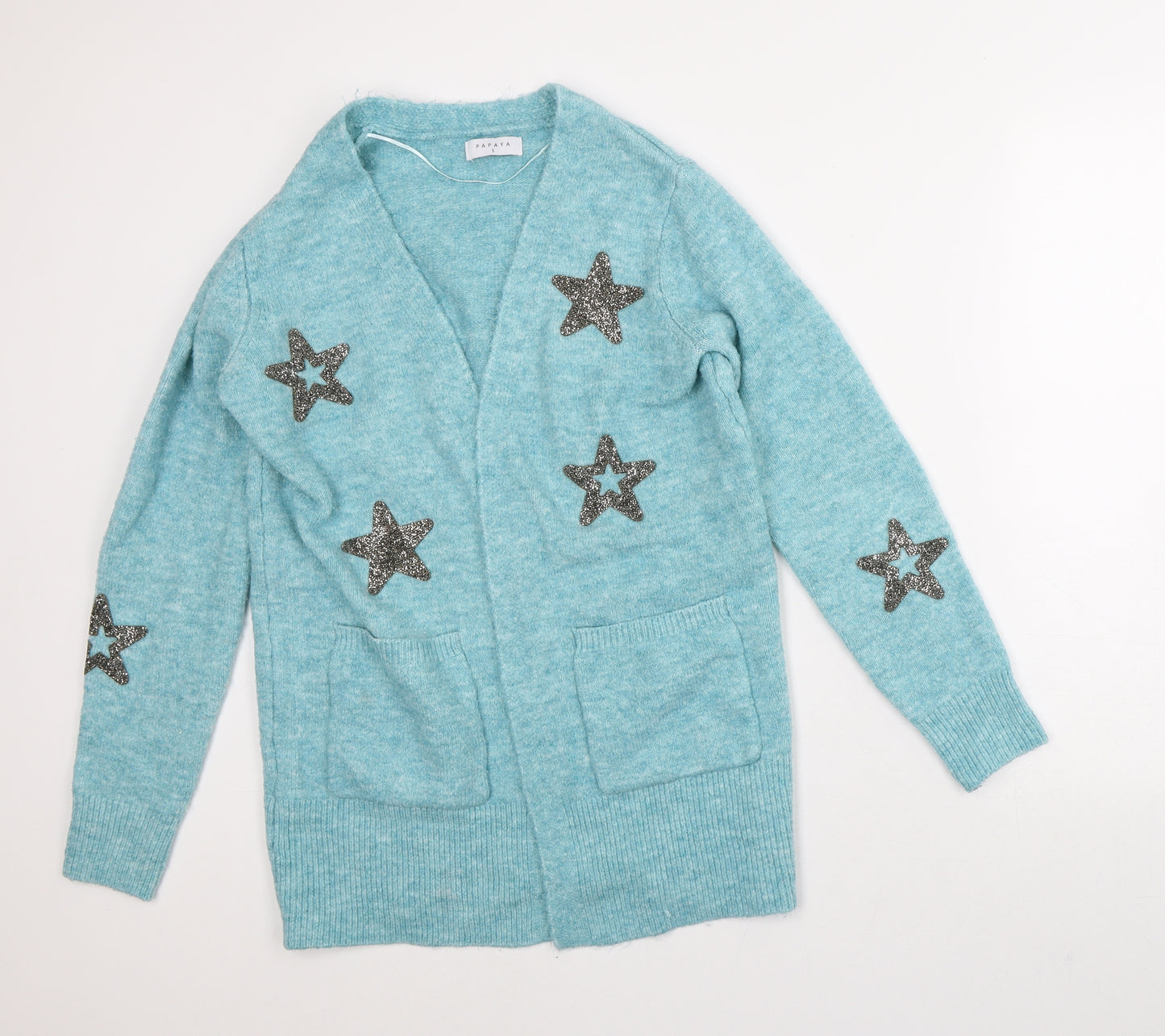 Papaya Womens Blue Round Neck Geometric Polyester Cardigan Jumper Size S