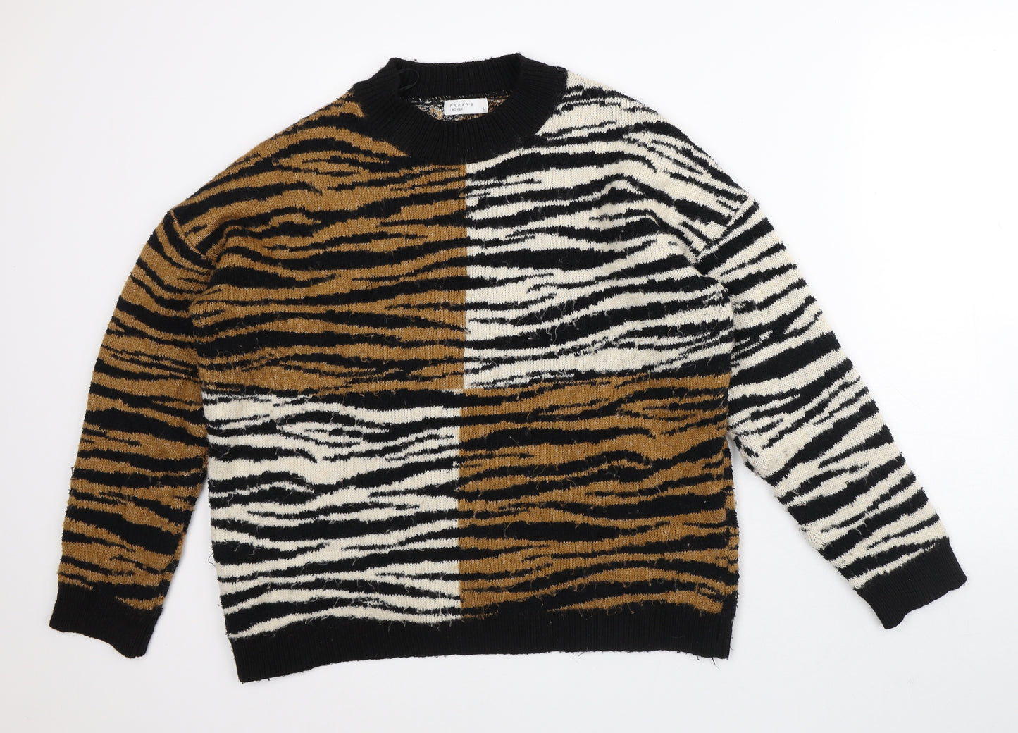 Papaya Womens Brown Crew Neck Animal Print Acrylic Pullover Jumper Size L