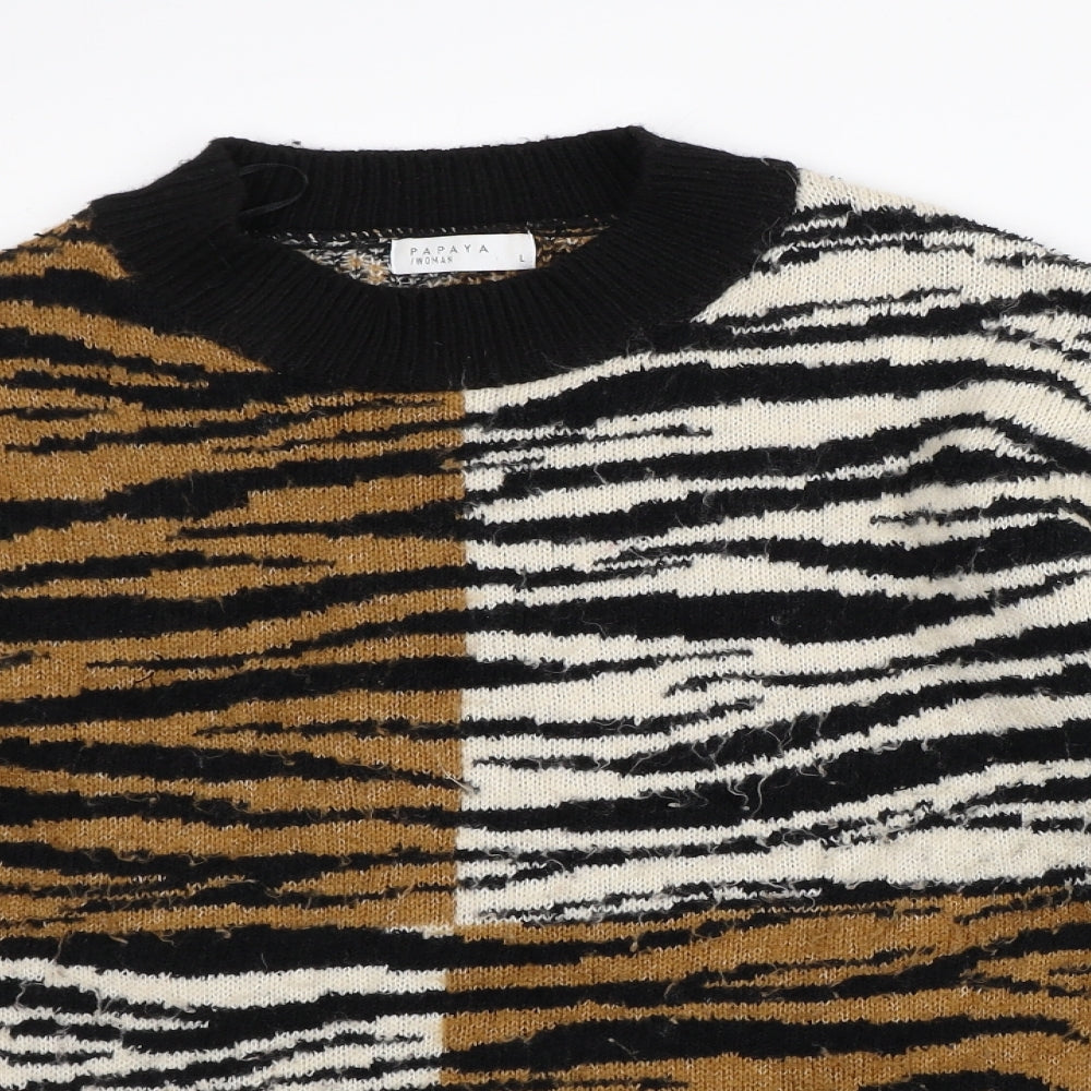 Papaya Womens Brown Crew Neck Animal Print Acrylic Pullover Jumper Size L