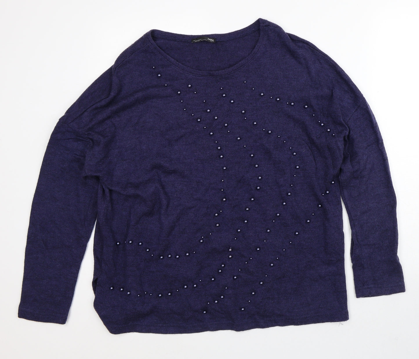 Zara Womens Blue  Acrylic Basic Blouse Size L Round Neck