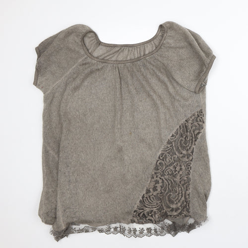 Preworn Womens Brown  Polyester Tunic T-Shirt Size L Round Neck - Lace Trim