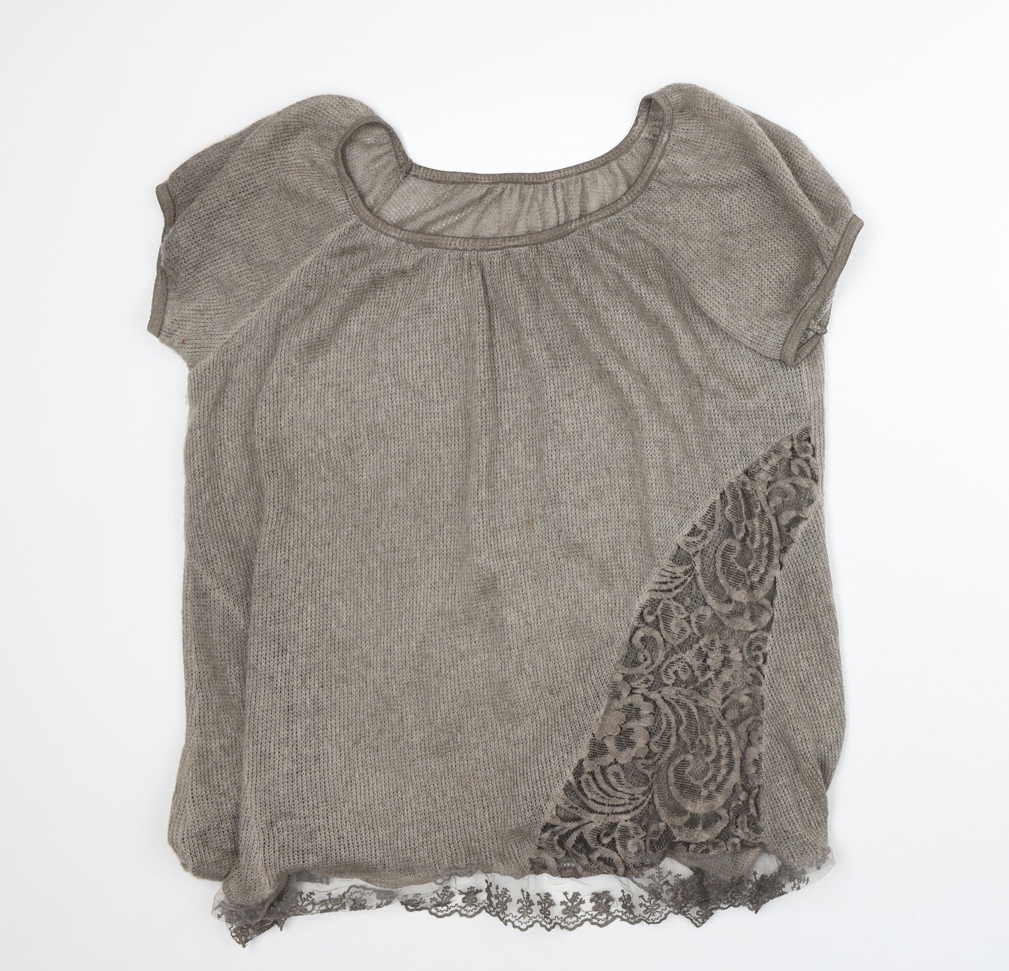 Preworn Womens Brown  Polyester Tunic T-Shirt Size L Round Neck - Lace Trim