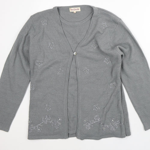 Bonmarché Womens Grey Round Neck Geometric Polyester Cardigan Jumper Size M   - Two Layers