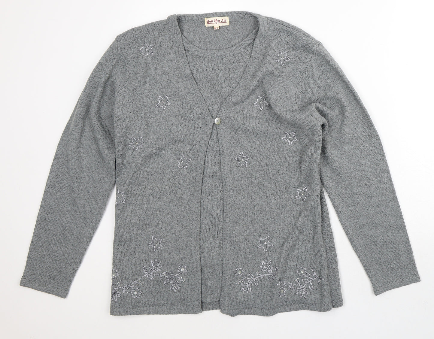 Bonmarché Womens Grey Round Neck Geometric Polyester Cardigan Jumper Size M   - Two Layers