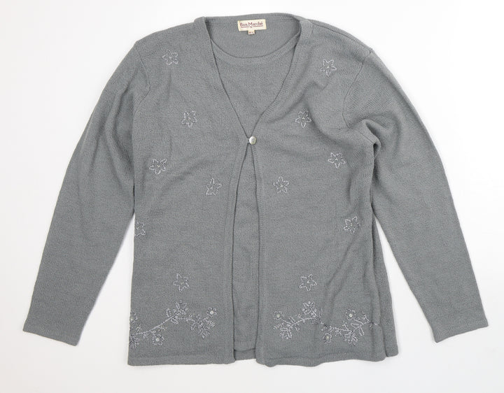 Bonmarché Womens Grey Round Neck Geometric Polyester Cardigan Jumper Size M   - Two Layers