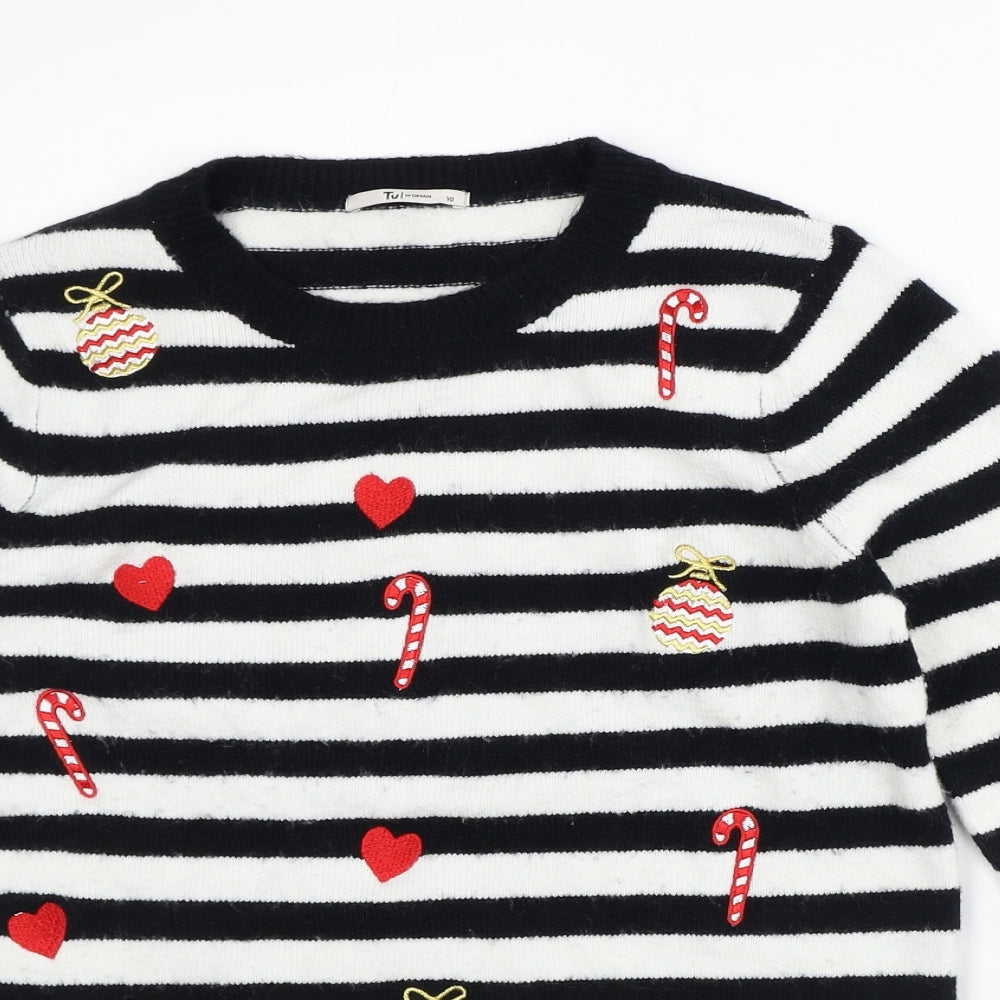 TU Womens White Crew Neck Striped Acrylic Pullover Jumper Size 10   - Christmas