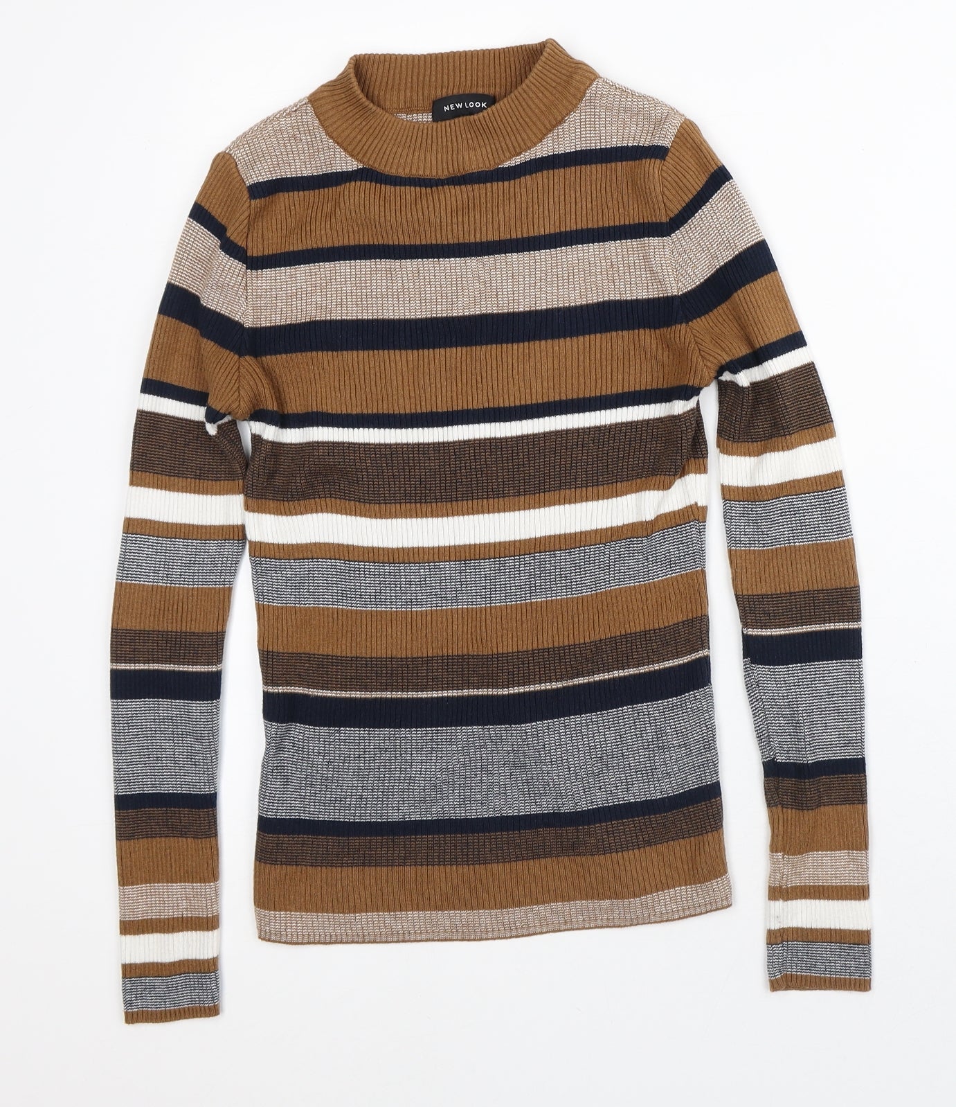 New Look Womens Brown Crew Neck Striped Cotton Pullover Jumper Size 8