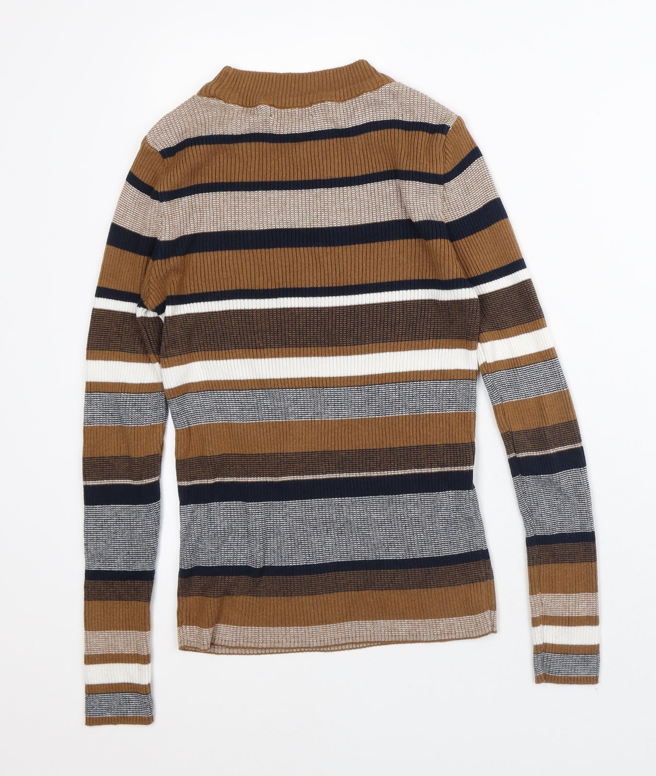 New Look Womens Brown Crew Neck Striped Cotton Pullover Jumper Size 8