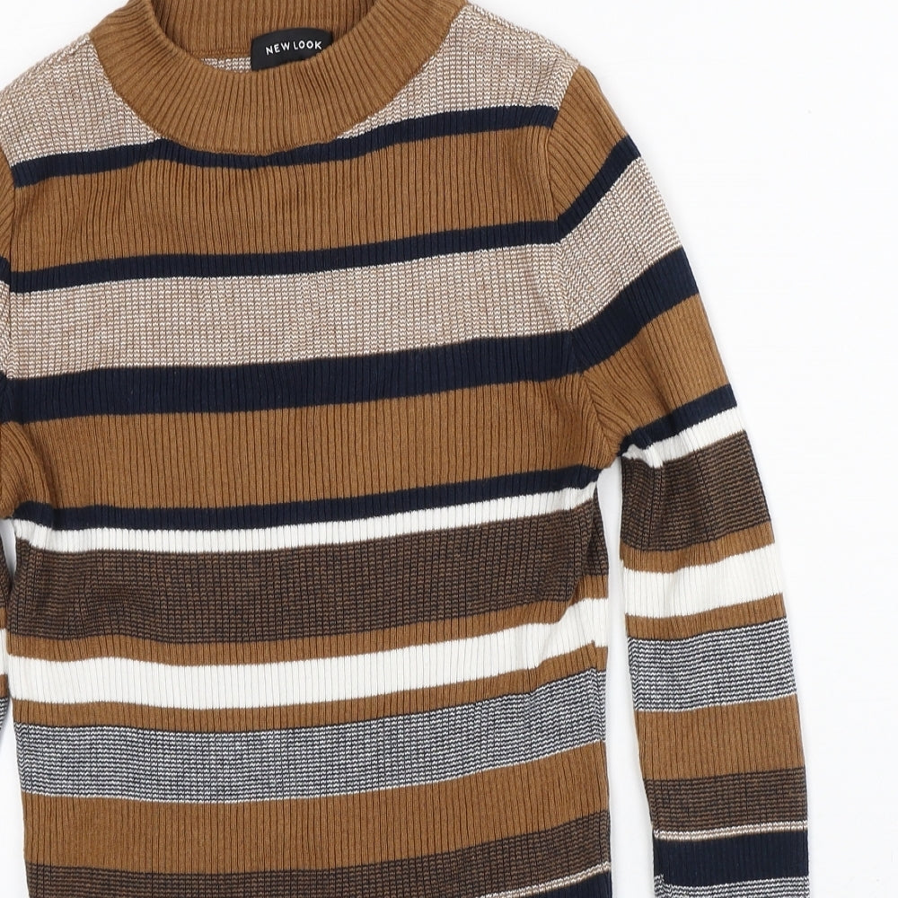 New Look Womens Brown Crew Neck Striped Cotton Pullover Jumper Size 8