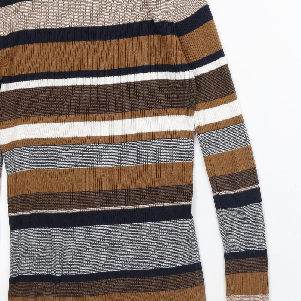 New Look Womens Brown Crew Neck Striped Cotton Pullover Jumper Size 8